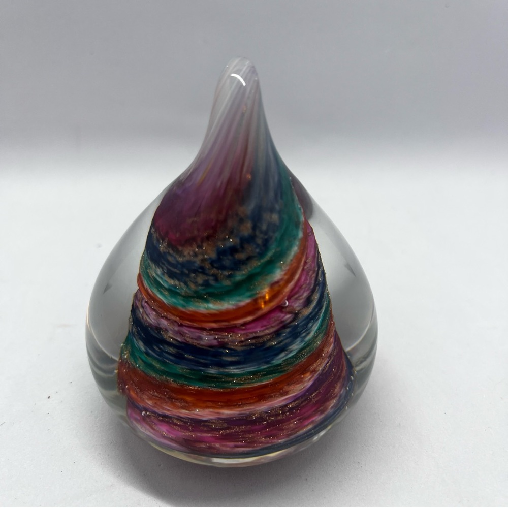 Handblown WV-Glass Dimensions teardrop rainbow swirl paperweight - Picture 7 of 9